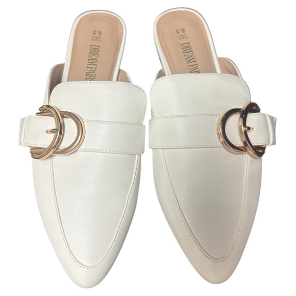 Leather Mules Womens 8.5 White Gold Buckle Quiet Luxury Office Career Chic NWOB - Picture 5 of 7